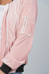 Ladies fashion contrast cuffs velvet bomber jacket