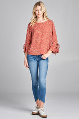 Ladies fashion 3/4 w/bell sleeve round neck dot print crepe woven top