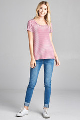 Ladies fashion short sleeve scoop neck stripe rayon spandex top