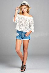 Ladies fashion off the shoulder w/smocked detail floral lace top