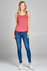 Ladies fashion round neck w/back cross strap detail rayon spandex top