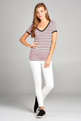 Ladies fashion short sleeve v-neck yarn dyed stripe rayon spandex top
