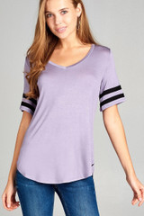 Ladies fashion short double stripe sleeve v-neck rayon spandex top