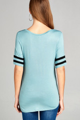 Ladies fashion short double stripe sleeve v-neck rayon spandex top