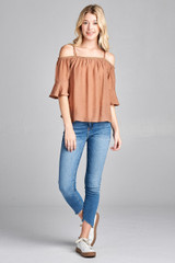 Ladies fashion plus size short sleeve open shoulder w/lace trim sub gauze woven top
