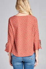 Ladies fashion plus size 3/4 w/bell sleeve round neck dot print crepe woven top