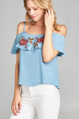 Ladies fashion plus size open shoulder flounce w/embo crepe woven top