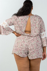 Ladies fashion plus size 3/4 bell sleeves floral crochet sleeves surplice romper