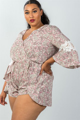 Ladies fashion plus size 3/4 bell sleeves floral crochet sleeves surplice romper