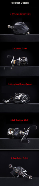 ZANLURE TAI-A113 7.0:1 18+1BB Carbon Fiber Baitcasting Fishing Reel 10KG Drag Left / Right Hand Fishing Wheel