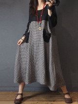 Women Long Sleeve Plaid Patchwork Vintage Shirt Dress