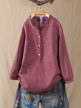 Women Casual Long Sleeve Plaid Button Blouse