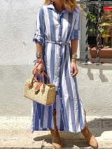 Women Striped Turn-Down Collar Button Down Long Sleeve Dress