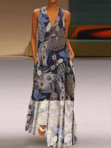 Bohemian Sleeveless V-neck Pocket Floral Print Maxi Dress