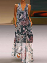 Bohemian Sleeveless V-neck Pocket Floral Print Maxi Dress