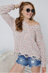 CONFETTI DISTRESSED V-NECK SWEATER