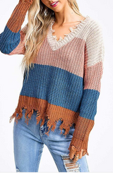 MAUVE PINK WITH COLOR BLOCK TORN LOOK SWEATER
