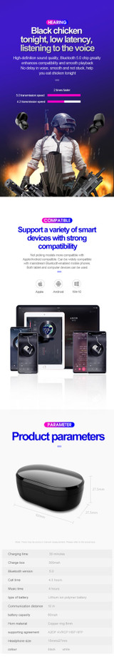 M1 TWS bluetooth 5.0 Earphone Bilateral Call IPX6 Waterproof HiFi Headphone for Xiaomi Redmi With Type-C Charging Case (Black)