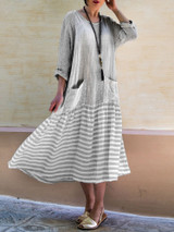 Women Stripe Patchwork Loose Casual Maxi Dress