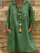 Women Solid Color Turn Down Collar Half Sleeve Dress