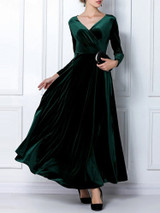 Velvet Long Sleeve V-neck Maxi Prom Dress