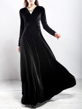 Velvet Long Sleeve V-neck Maxi Prom Dress