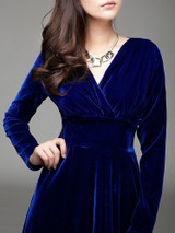 Velvet Long Sleeve V-neck Maxi Prom Dress