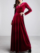 Velvet Long Sleeve V-neck Maxi Prom Dress
