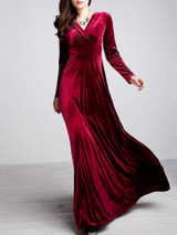 Velvet Long Sleeve V-neck Maxi Prom Dress