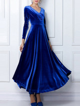Velvet Long Sleeve V-neck Maxi Prom Dress
