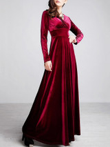 Velvet Long Sleeve V-neck Maxi Prom Dress