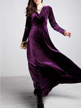 Velvet Long Sleeve V-neck Maxi Prom Dress