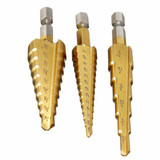 3pcs HSS 1/4 Inch Hex Shank Titanium Coated Step Cone Drill Bit Set in Pouch