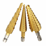 3pcs HSS 1/4 Inch Hex Shank Titanium Coated Step Cone Drill Bit Set in Pouch