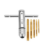 Drillpro T Handle Ratchet Tap Wrench with 5pcs Titanium Coated M3-M8 Screw Tap Thread Plug Tap