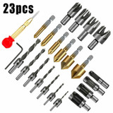Drillpro 23Pcs Woodworking Chamfer Countersink Drill Bit 6pcs 1/4 Inch Hex 5 Flute 90 Degree Countersink Drill Bits 7Pcs 3 Pointed Countersink Drill 8Pcs Wood Plug Cutter Automatic Center Pin Punch