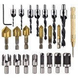 Drillpro 23Pcs Woodworking Chamfer Countersink Drill Bit Set 6Pcs 1/4 Inch Hex 5 Flute 90 Degree Countersink Drill Bits 7Pcs Three Pointed Countersink Drill Bit 8Pcs Wood Plug Cutter and Automatic