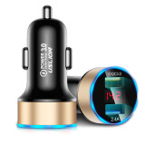 USLION QC 3.0 LED Display Universal Dual USB 24V 3A Quick Fast Charging Metal Car Charger Adapter for iPhone11 for Samsung S10+ Xiaomi Redmi Note8 Tablet