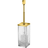 Box Crackled Glass Square Toilet Brush Bowl and Holder Cleaner Set W/ Lid, Brass