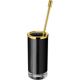 Black Glass Round Toilet Brush Bowl and Holder Cleaner Set W/O Lid, Brass