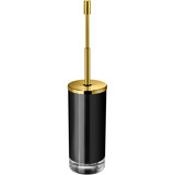 Black Glass Round Toilet Brush Bowl and Holder Cleaner Set W/ Lid, Brass