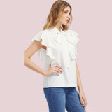 SheInes Bow Tie Front Flutter Sleeve Blouse Summer Blouses for Women White Cap Sleeve Tie Neck Blouse