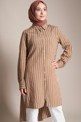 Vertical Striped Buttoned Tile Hijab Tunic  Autumn Spring Long Plaid Shirt Women Casual White Long Sleeve Pocket Button Up