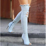 Fashion Autumn Women High Heels thigh high boots Female Shoes Hot Over The Knee Boots Peep Toe Cowboy Boots Denim shoes