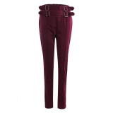 Fashion Women High Waist Pencil Pants Sexy Solid Color Skinny Stretchy Long Trousers with Buckle Belts Office Slim Bottoms