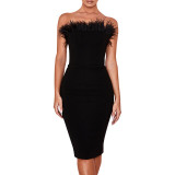 BEAUKEY 2020 New White Sexy Women Bandage Dresses Bodycon Slash Neck Feathers Club Black Strapless Celebrity Vestido Knee Length