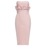 BEAUKEY Sexy Women Bandage Dress Bodycon Pink Black Slash Neck Ruffle Sleeveless Dress Knee Length Elegant Lacing Party Vestidos