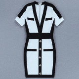 Short Sleeve White Black Patchwork Bandage Bodycon Dress Deep V Neck Sexy Women Fashion Dress with button Above Knee Length