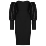 BEAUKEY 2020 New Mesh Long Sleeves Sexy Off Shoulder Bandage Dress Women Black Bandage Dress Bodycon Club Evening Party Dress