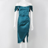 Spring Women's Green Sexy Strapless Backless Pleated Irregular Split Bodycon Dress Vestidos Celebrity Evening Party Dress 2021